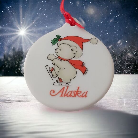 Vintage ALASKA Ceramic Ornament Christmas Porcelain Ice Skating Bear Round 90s. - Picture 11 of 13